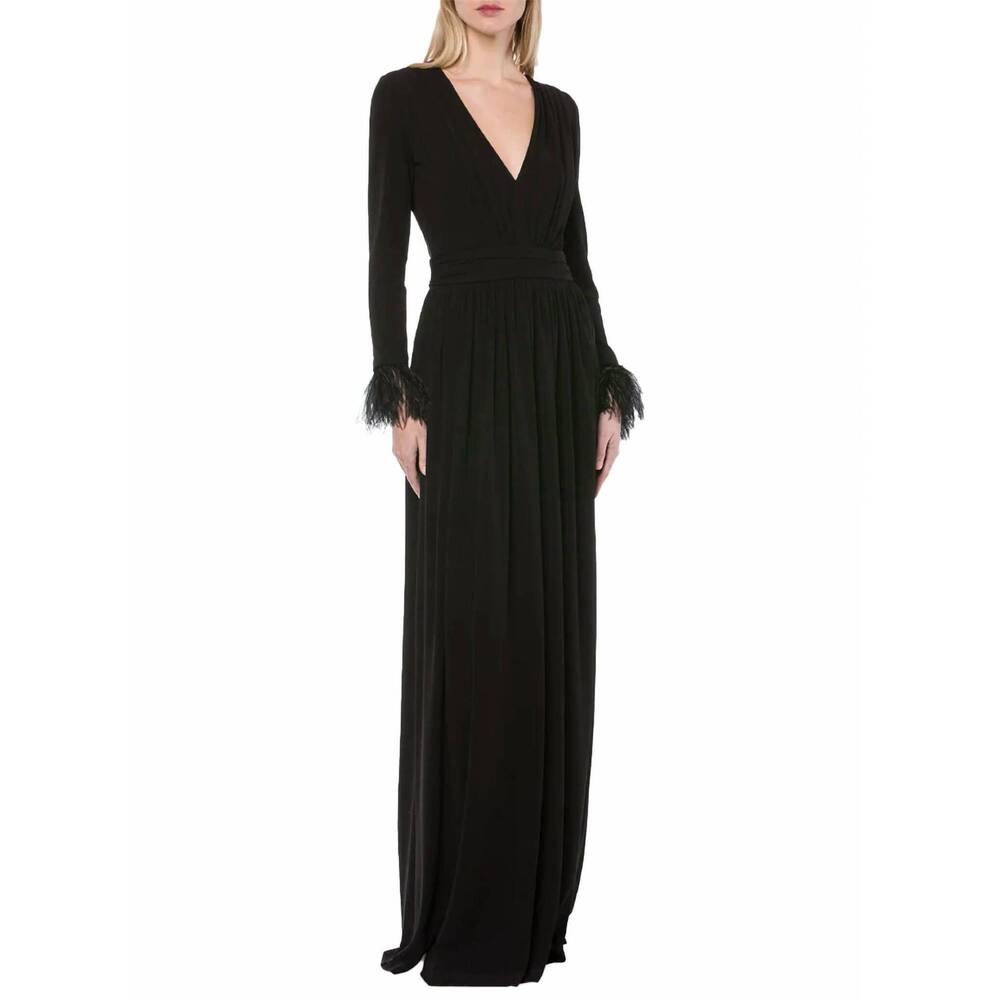 NEW ALBERTA FERRETTI organza v-neck gown with ostrich feathers in black